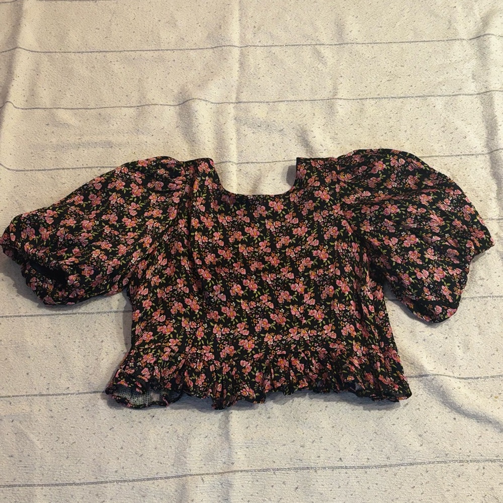 byTiMo Black Floral Puff Sleeve Top Size L